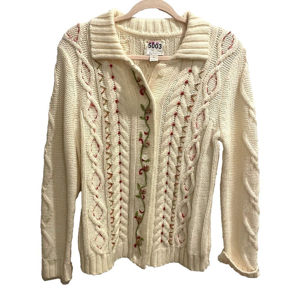 Vtg Christopher & Banks Women’s Knit Button Cardigan M Cream Embroidered Flowers